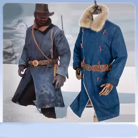 Arthur Morgan Cosplay Costumes Game RDR2 Jacket Morgan Cowboy Blue Trench, Knee Length Winter Coat