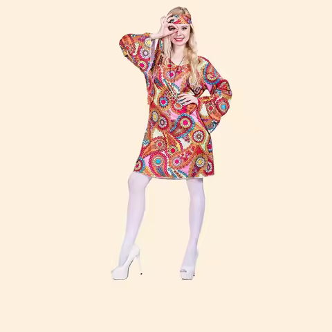 Women floral fashion mini dresses hippie girl costume flare sleeve 70's disco dress ladies party clu