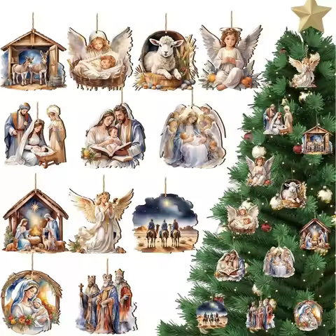 12/24/36pcs Wooden Christmas Nativity Pendant Christmas Tree Decoration Hanging Painted Pendant Flat