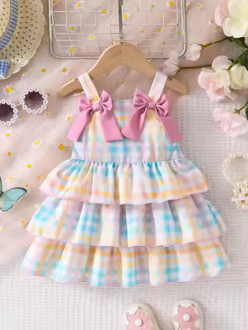 1-Piece Summer Thin Dress for Baby Girls, Children's Square-Neck Bow-Decorated Sleeveless Dress, Cut