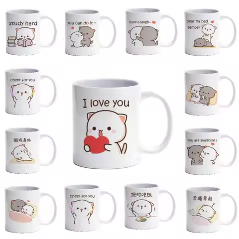 Peach and Goma Cat Coffee Tea mug Cute Animal Breakfast Dessert Milk Water Cup Couple Gift
