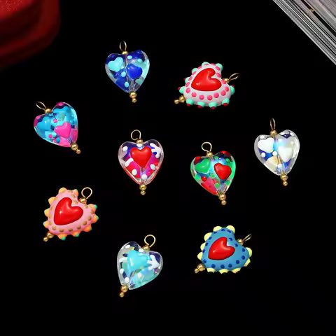 3pcs/Lot Stainless Steel Cute Heart Lampwork Glass Necklace Pendant Love DIY Earring Charms Women Ha