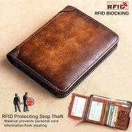 Kulit tulen Rfid menyekat dompet Trifold untuk lelaki Vintage nipis pendek Multi fungsi ID kad kredit pemegang beg wang