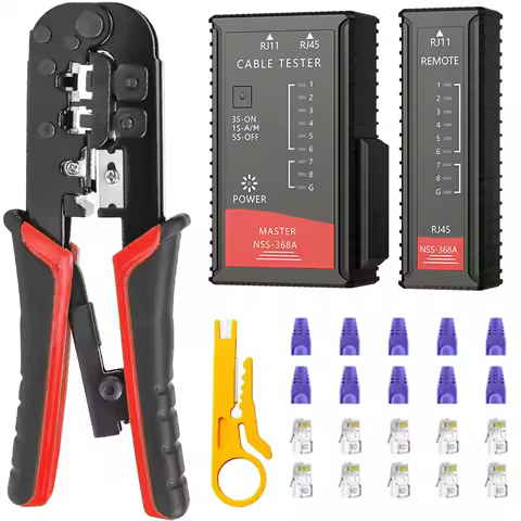 RJ45 Cat6 Crimping Tool Kit with RJ11/12/45 8P6P Network LAN Crimper Connectors and Covers Network C