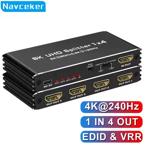 Navceker 4K 240Hz HDMI Splitter 1 input 4 outputs 8K 60Hz HDMI Adapter one to 2 4 HD Video Switcher 
