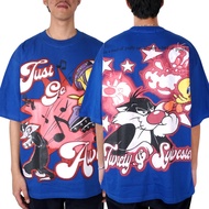 OVERSIZE TWEETY & SYLVESTER TSHIRT BLUE MEN WOMEN UNISEX COTTON COMBED 20s
