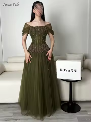 Contessa Custom prom dress elegant beaded pearl corset formal gown off shoulder draped tulle A line 