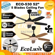 ECOLUXE ECO-530 52" 5 Blades DC Motor With 3 Color LED Remote Control Ceiling Fan Black / Skywood 52Inch Kipas Siling