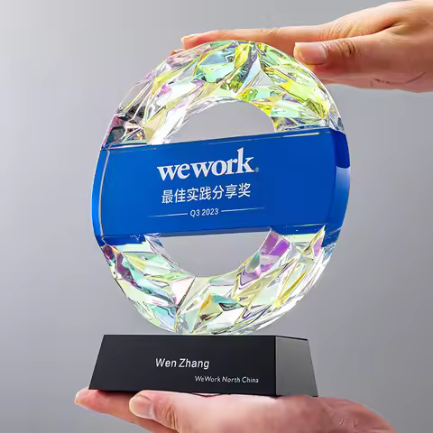 LvshenGifts Colorful Round Memorial Custom Crystal Trophy Award Engraved Glass Award Corporate Troph