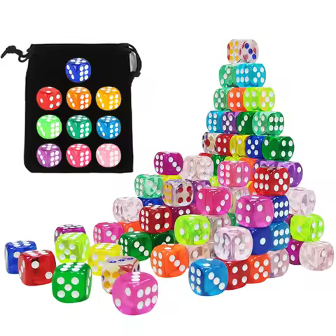 10~60pcs Transparent Dice with Plush Cloth Bag 6 Sided Games Dice for Gambling Table Games Supply Re