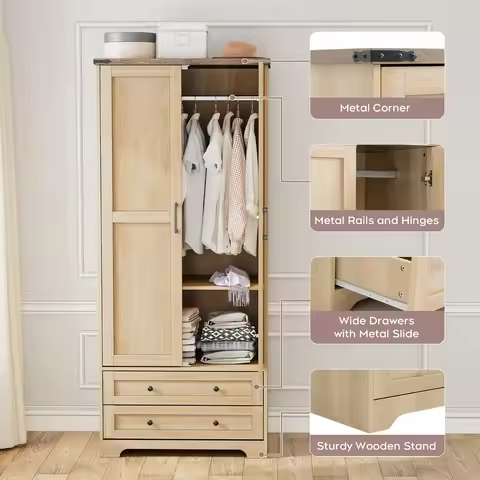 71" Tall Freestanding Armoire Wardrobe Cabinet Set of 2, 2 Modern Doors & Drawers, Custom