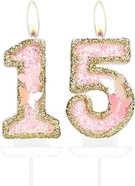 Birthday Candle,Butterfly 15th Birthday Party Decorations for Women/Girl,Gold Pink Birthday Number 1