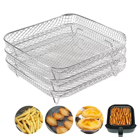 3Layer Air Fryer Racks Stainless Steel Square Air Fryer Basket Tray Stackable Dehydrator Racks Air F