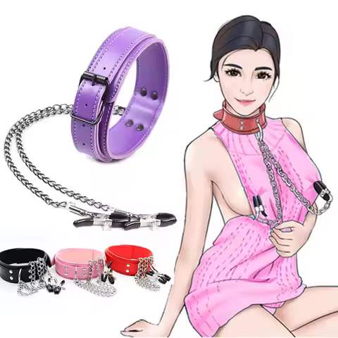 PU BDSM Collar Chain Clips Adult Restraint Clip Slave Neck Clamps Games Fetish RolePlay Restraints B