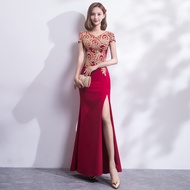 EAGLELY 2022 New Host Red Long Buttocks Fishtail Embroidery Evening Dress Daily Gown For Women Ninang Wedding Sponsor Slim Temperament Long Formal Dress For Civil Wedding Gown Occasion Elegant Classy