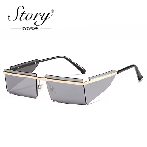STORY Vintage Steampunk Rectangle Sunglasses Women Men Brand Design Rimless Mirrored Lens Futuristic