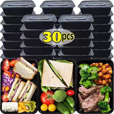 10/30Pcs Disposable Takeaway Lunch Box Tableware Black Plastic Bowl Bento Food Packaging Bento Box L