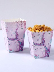 8入組紫色美人魚風格爆米花紙盒，食品盒，適用於海洋美人魚主題生日派對裝飾，薯條盒，家庭電影之夜爆米花桶