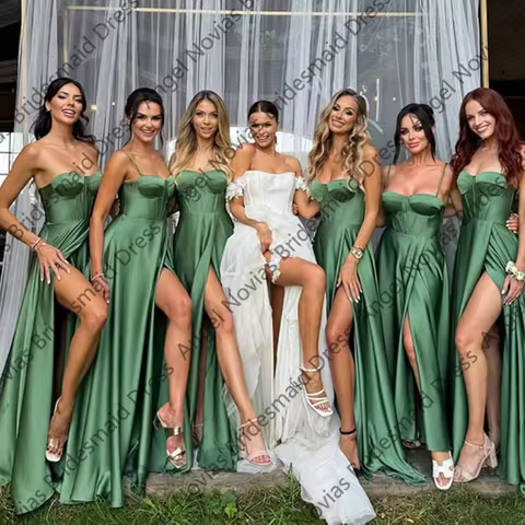 Customized Long A Line Sage Green Bridesmaid Dresses with High Slit Wedding Party Maid Of Honor Dres