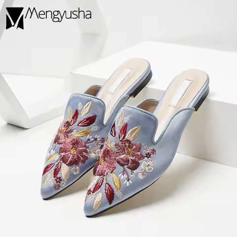 Silk Embroidery Mules Shoes Woman Brand Luxury Slippers Flats Pointed Toe Slides Floral Home Slipper