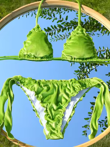 ZRTAK Swimsuit Bikinis Micro Thongs Women Triangle Swimwear Velvet Swimsuit Bandage Bathing Suits Br