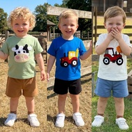6m-4y Baby Boy Summer Set Tractor/Cow Embroidery Short Sleeve T Shirt Solid Color Shorts