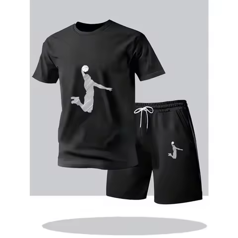 2026 Summer Men's Streetwear 2 Piece Set O-Neck T-Shirt+Sports Shorts Quick Dry Fitness Gym Running