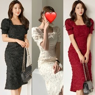 Square Neck Puff Sleeve Long Bodycon Party Dress D72