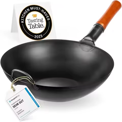 Carbon Steel Wok Pan – 13,5 “ Stir Fry Pans - Chinese Wok with Flat Bottom Pow Wok - Traditional Jap