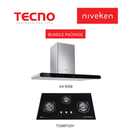 (HOOD + HOB) Tecno 90cm Round Profile Chimney Cooker Hood with LED Sensor Touch Controls + Tecno T 3388TGSV / T3388TGSV (90cm) 3-Burner Glass Cooker Hob with Inferno Wok Burner Technology