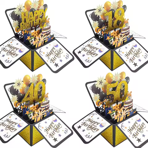 Black Golden Happy Birthday Pop Up Card 18th/30th/40th/50th/60th Birthday Card With Note Envelope Ad