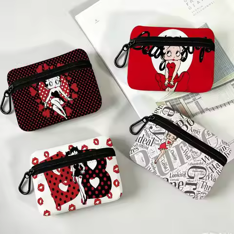 B-Betty Girl B-Boop Mini Hanging Oxford Cloth Coin Bag Durable Zipper Key Card Pouch With Carabiner