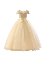 新款年輕女孩公主連身裙，細肩帶和露肩閃亮亮片長款紗裙兒童禮服裙