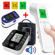 English Voice Home Health Set Automatic BP Sphygmomanometer Large LCD Infrared Forehead Thermometer 