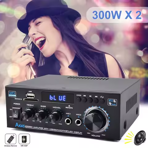 AK45 HiFi Digital Amplifier Bluetooth MP3 Channel 2.0 Sound AMP Support 90V-240V for Home Car (MAX 3