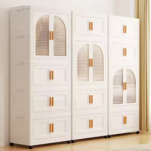 Storage Bins, 25.6" Side Wide Folding Wardrobe, 25.6" X 14.6" X 63" with Magnetic Door, Plastic Stor