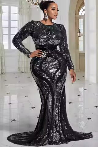 Plus Size Formal Black Round Neck Long Sleeve Mermaid Elegant See Through Sequin Maxi Dresses