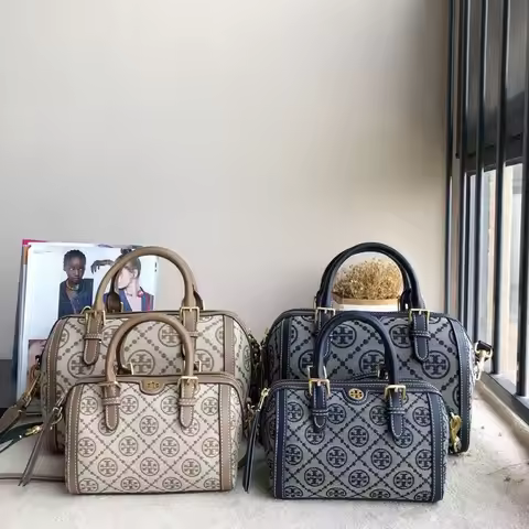 Women's 2026 Monogram Boston Barrel Bag, Luxury Jacquard Satchel Handbag, Classic TORY BURCH‌ Print 