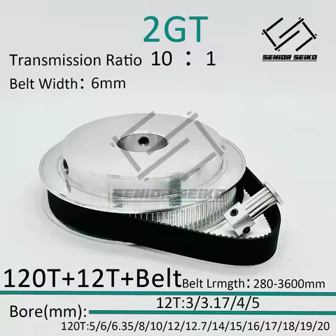 2GT GT2 12Teeth 120T GT2 120Teeth 12T Timing Belt Pulley Set Belt Width 6mm Bore 3~25mm 10:1 Wheel S