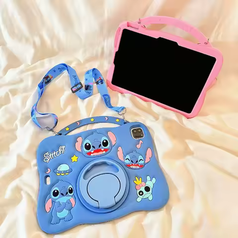 Cute 3D Cartoon Stitch Silicone Rotating Stand Handheld Kids Tablet Case for iPad Pro 2018-2025 A16 