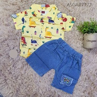KEMEJA Children's Set: Top, Shirt, and Jeans, Premium Material, Comfortable to Wear, Dino Rocket Pat