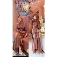 Bridesmaid dress kondangan muslim terbaru / Gamis serut satin wanita casual hangout ootd lebaran fashion muslim bahan satin silk import model tali serut samping terbaru viral kekinian