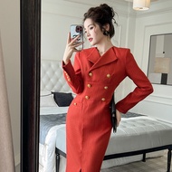 2023 Autumn Winter New Style Commuter Female Temperament Tweed Slim-fit Red Long-sleeved Dress 505