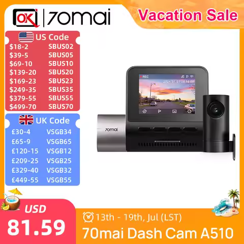 70mai Dash Cam A510 1944P 3K HDR Built-in GPS ADAS Smart Dash Cam A510 Support Rear Cam 4G Connectiv