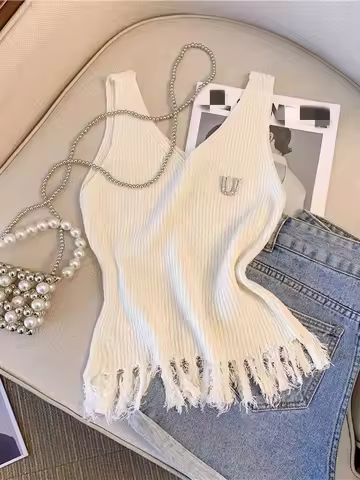 2024 Solid Tassel Hem Tank Top Knit Elastic Casual V Neck Summer Sleeveless Top Women's Clothing Cro