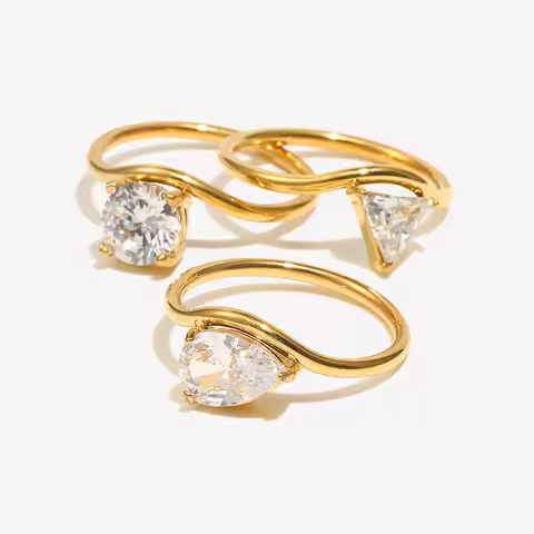 E.B.belle Wave Drop Round Zircon Ring Waterproof Minimalist 316L Stainless Steel Women's Rings 18K G