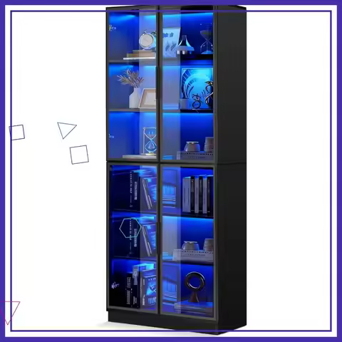 78 Inch LED Display Cabinet with Tempered Glass Doors, 6-Shelf Storage for Living Room & Office