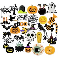 32PCS Tampalan Seterika Halloween Gelap, Tampalan Sulaman Kartun Hantu Boo Labu Kelawar Kucing untuk