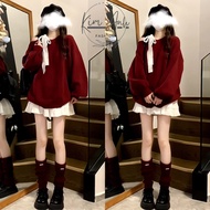 Women's Outfit Set Women's Fleece Set Off Shoulder Blouse Mixed with Lace Bow with Lace Pleated Skir