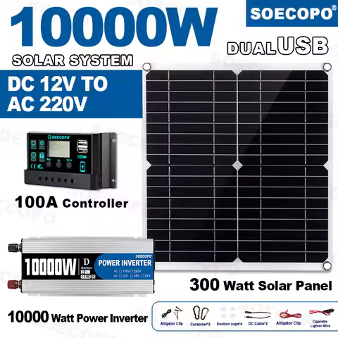 10000W Solar Power Complete Kit 12V To 220V Inverter100A Controller 300W Panel System for Home/RV/Ca